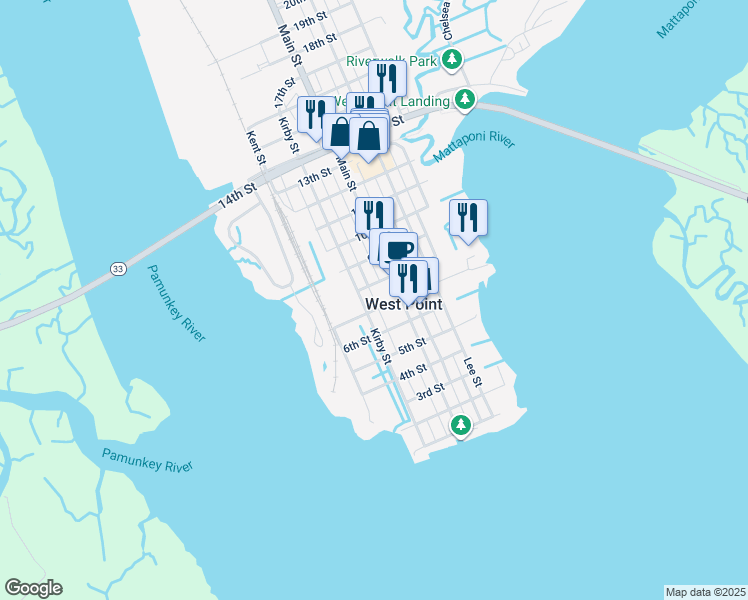 map of restaurants, bars, coffee shops, grocery stores, and more near in West Point