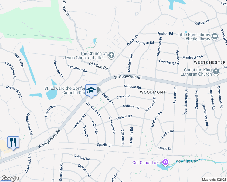 map of restaurants, bars, coffee shops, grocery stores, and more near 10533 Ashburn Road in Richmond