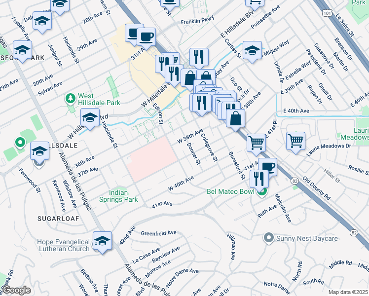 map of restaurants, bars, coffee shops, grocery stores, and more near 18 Culver Court in San Mateo