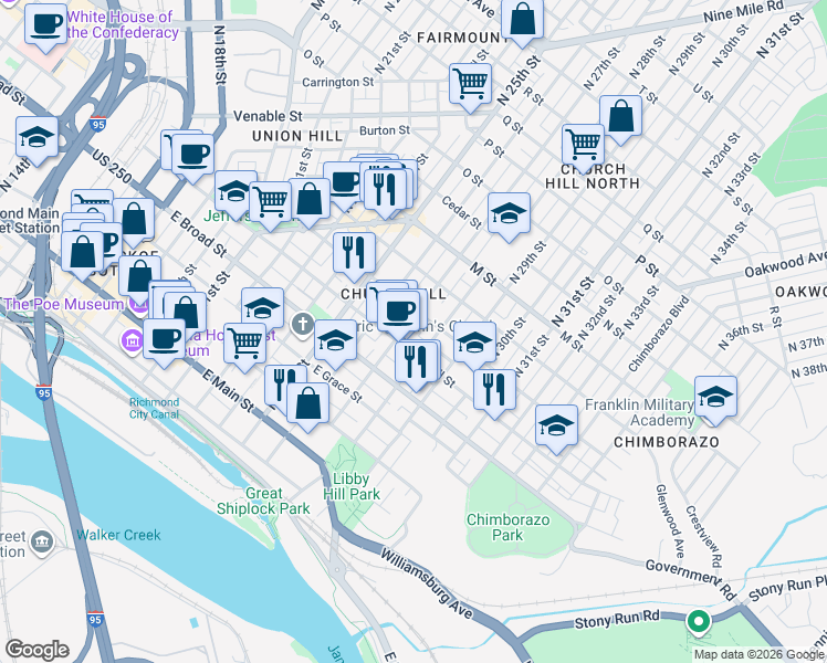 map of restaurants, bars, coffee shops, grocery stores, and more near 412 North 28th Street in Richmond