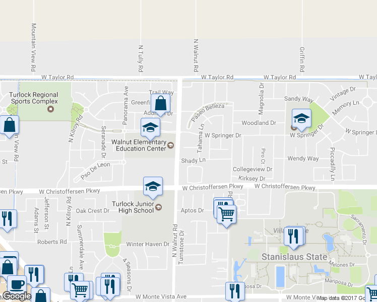 map of restaurants, bars, coffee shops, grocery stores, and more near 4121 Tahama Lane in Turlock