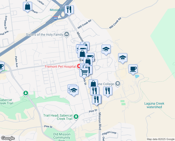 map of restaurants, bars, coffee shops, grocery stores, and more near 43433 Mission Boulevard in Fremont