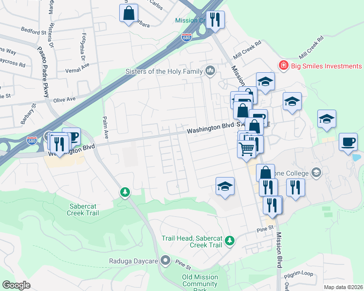 map of restaurants, bars, coffee shops, grocery stores, and more near 43353 Jerome Avenue in Fremont