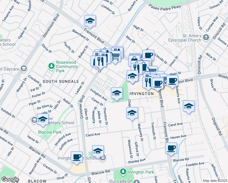 map of restaurants, bars, coffee shops, grocery stores, and more near 4481 Westerly Common in Fremont