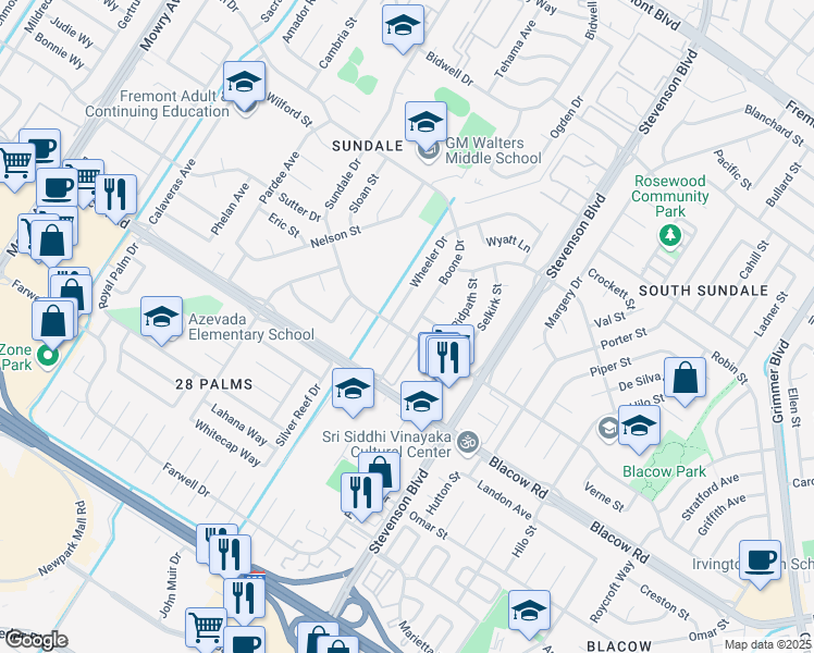 map of restaurants, bars, coffee shops, grocery stores, and more near 39814 Sundale Drive in Fremont