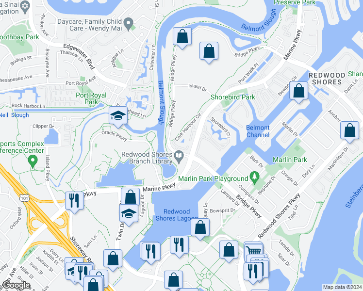 map of restaurants, bars, coffee shops, grocery stores, and more near 401 Cork Harbour Circle in Redwood City