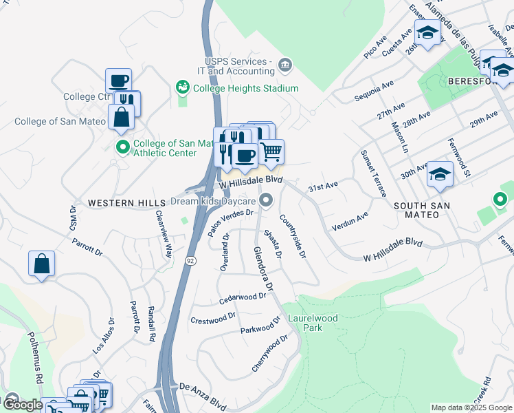 map of restaurants, bars, coffee shops, grocery stores, and more near 1300 Palos Verdes Drive in San Mateo