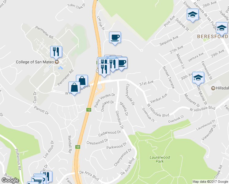 map of restaurants, bars, coffee shops, grocery stores, and more near 1300 Palos Verdes Drive in San Mateo