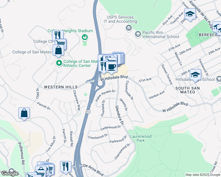 map of restaurants, bars, coffee shops, grocery stores, and more near 1326 Palos Verdes Drive in San Mateo