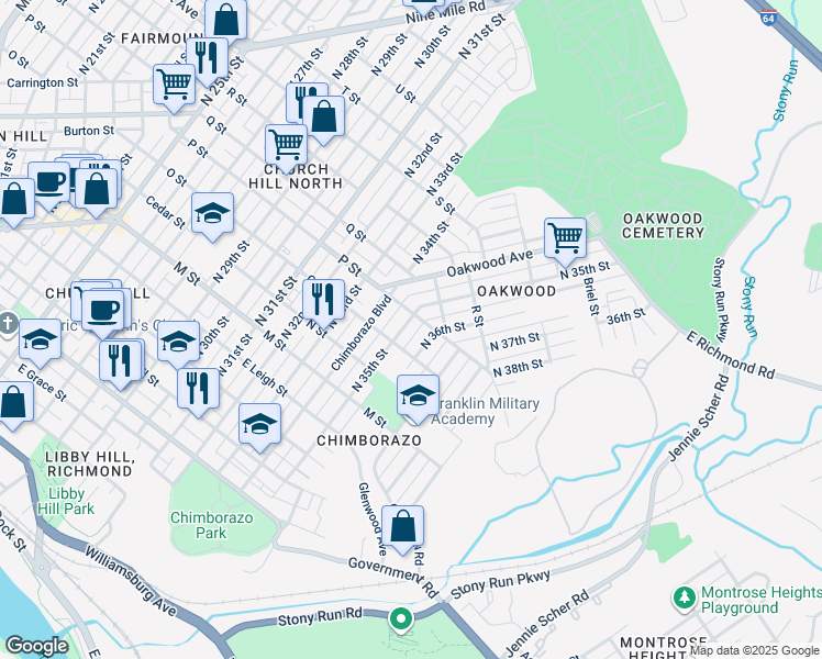 map of restaurants, bars, coffee shops, grocery stores, and more near 905 North 35th Street in Richmond