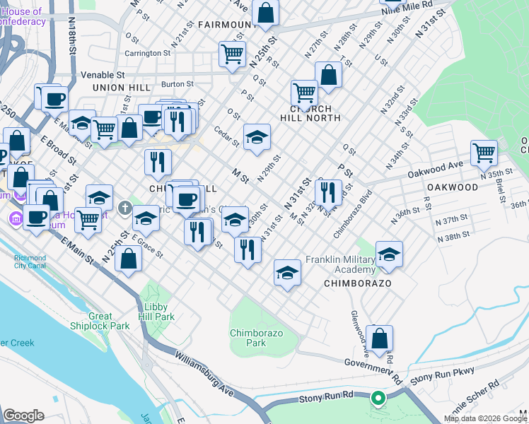 map of restaurants, bars, coffee shops, grocery stores, and more near in Richmond