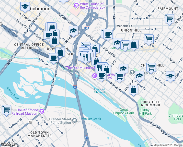 map of restaurants, bars, coffee shops, grocery stores, and more near 1918 East Cary Street in Richmond
