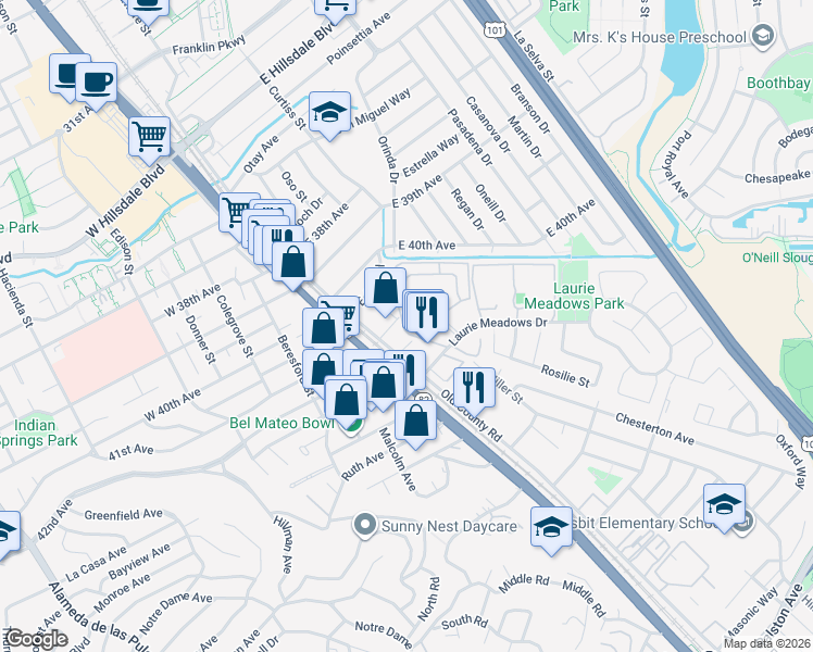 map of restaurants, bars, coffee shops, grocery stores, and more near 4001 Pacific Boulevard in San Mateo