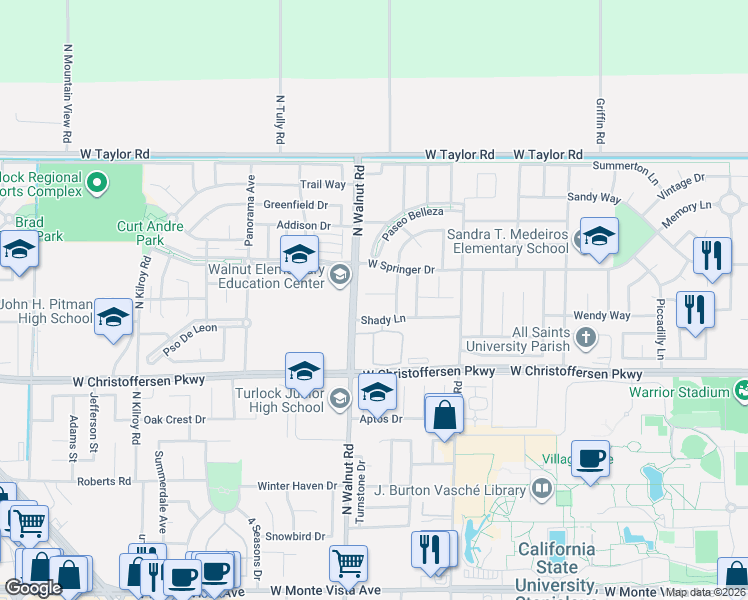 map of restaurants, bars, coffee shops, grocery stores, and more near 4121 Tahama Lane in Turlock