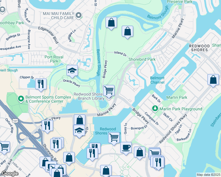map of restaurants, bars, coffee shops, grocery stores, and more near 413 Cork Harbour Circle in Redwood City