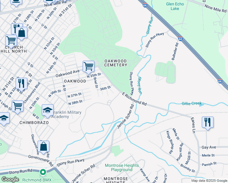 map of restaurants, bars, coffee shops, grocery stores, and more near 3512 East Richmond Road in Richmond