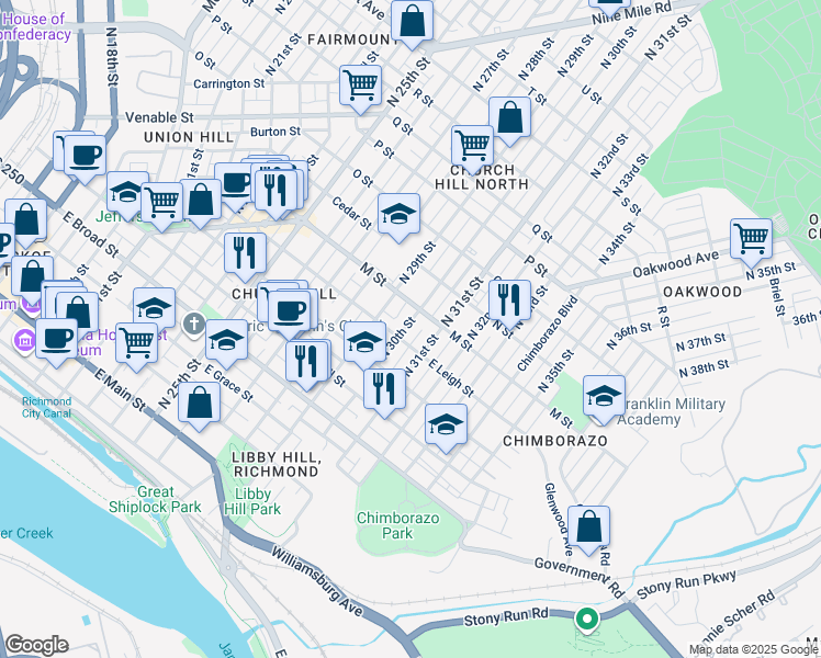map of restaurants, bars, coffee shops, grocery stores, and more near 607 North 30th Street in Richmond