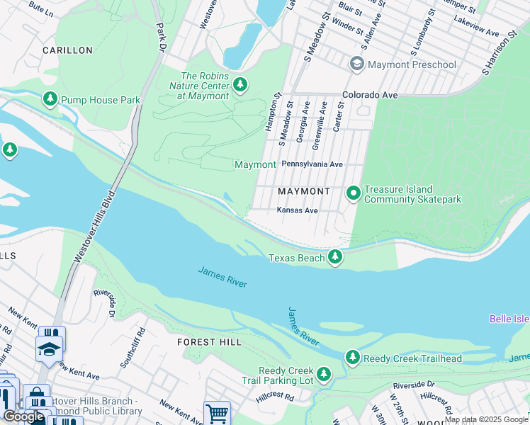 map of restaurants, bars, coffee shops, grocery stores, and more near 1900 South Meadow Street in Richmond
