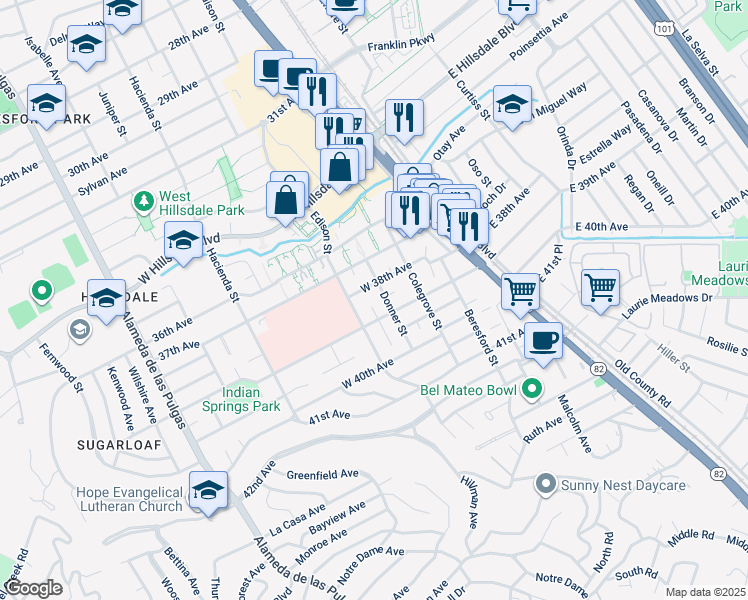 map of restaurants, bars, coffee shops, grocery stores, and more near 18 Culver Court in San Mateo