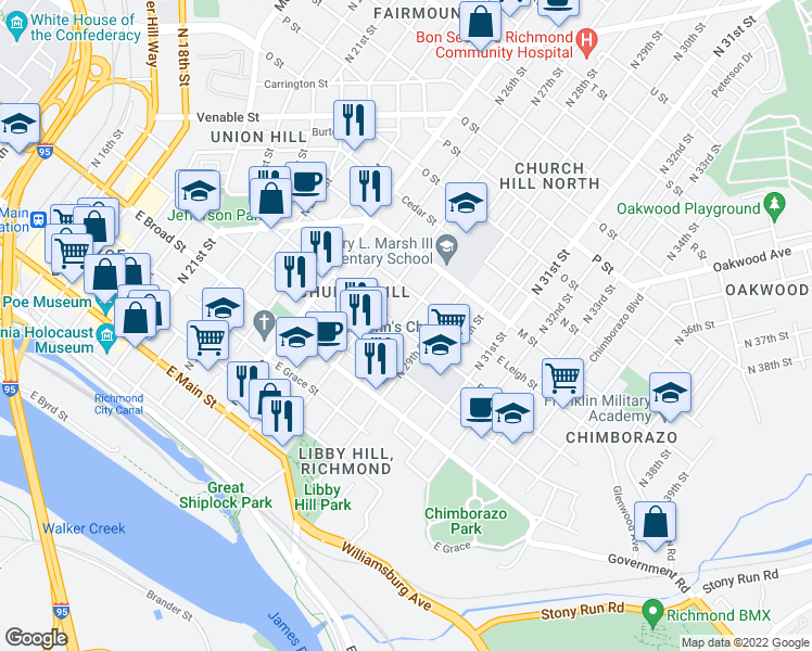 map of restaurants, bars, coffee shops, grocery stores, and more near 501 North 28th Street in Richmond