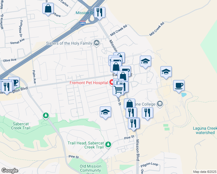 map of restaurants, bars, coffee shops, grocery stores, and more near 43382 Bryant Street in Fremont