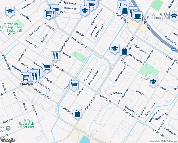 map of restaurants, bars, coffee shops, grocery stores, and more near 37425 California Street in Newark