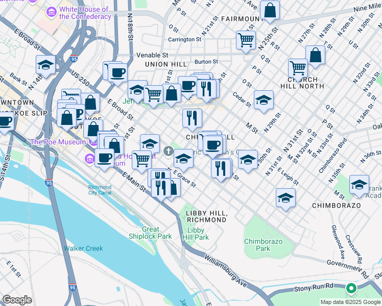 map of restaurants, bars, coffee shops, grocery stores, and more near 306 North 26th Street in Richmond