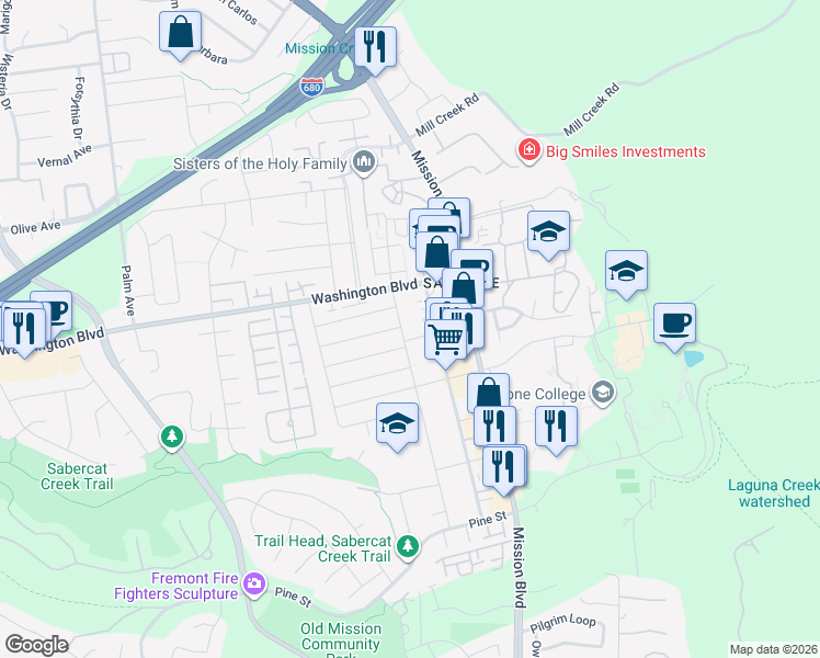 map of restaurants, bars, coffee shops, grocery stores, and more near 43382 Bryant Street in Fremont