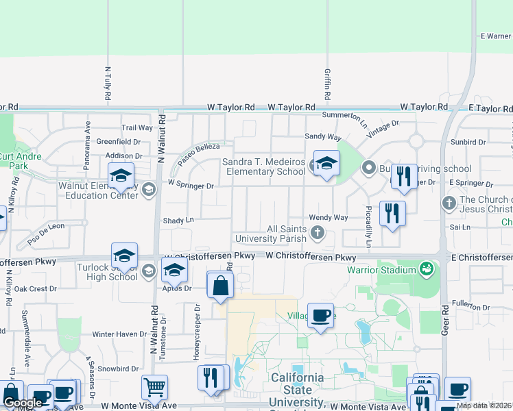 map of restaurants, bars, coffee shops, grocery stores, and more near 4182 Summerfield Drive in Turlock
