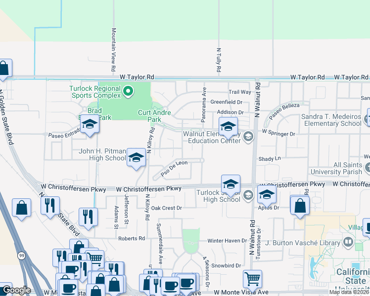 map of restaurants, bars, coffee shops, grocery stores, and more near 4208 Seranade Drive in Turlock