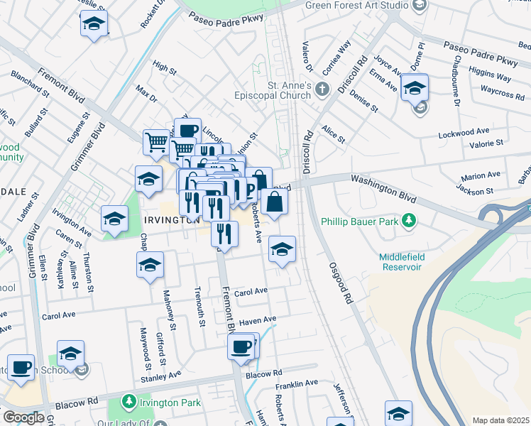 map of restaurants, bars, coffee shops, grocery stores, and more near 3761 Tivoli Garden Terrace in Fremont