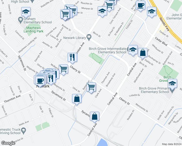 map of restaurants, bars, coffee shops, grocery stores, and more near 6453 Baine Avenue in Newark