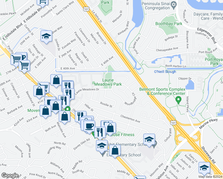 map of restaurants, bars, coffee shops, grocery stores, and more near 204 Woodbridge Circle in San Mateo