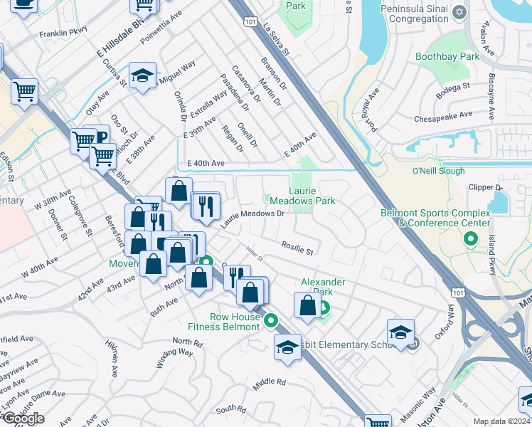 map of restaurants, bars, coffee shops, grocery stores, and more near 103 Rosilie Street in San Mateo