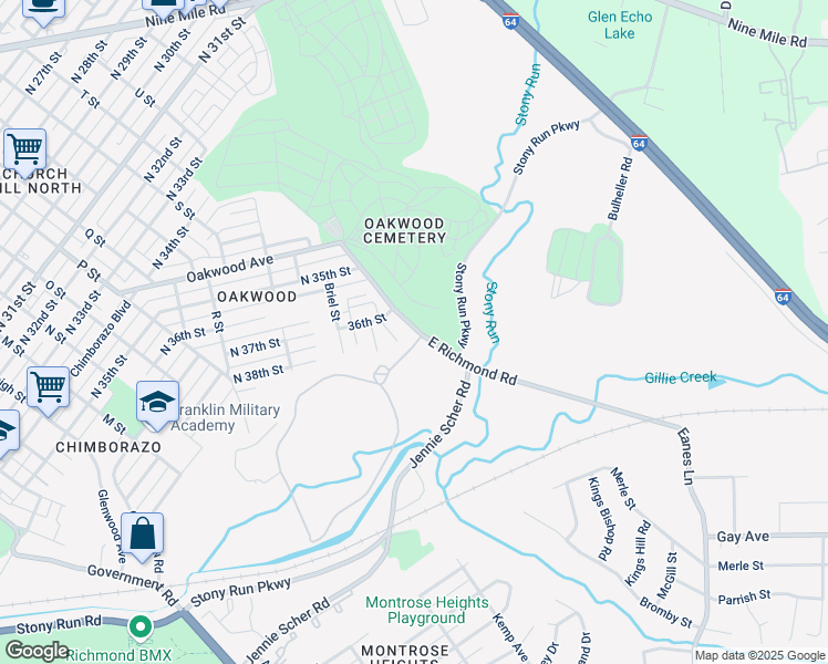 map of restaurants, bars, coffee shops, grocery stores, and more near 3800 East Richmond Road in Richmond