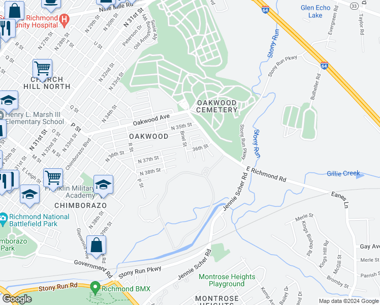 map of restaurants, bars, coffee shops, grocery stores, and more near 1315 North 37th Street in Richmond