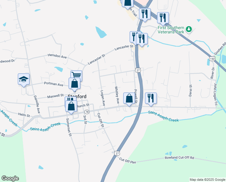 map of restaurants, bars, coffee shops, grocery stores, and more near 199 Whitley Avenue in Stanford