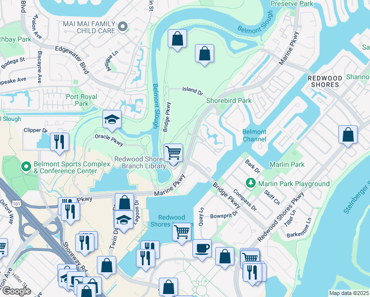 map of restaurants, bars, coffee shops, grocery stores, and more near 421 Marine Parkway in Redwood City