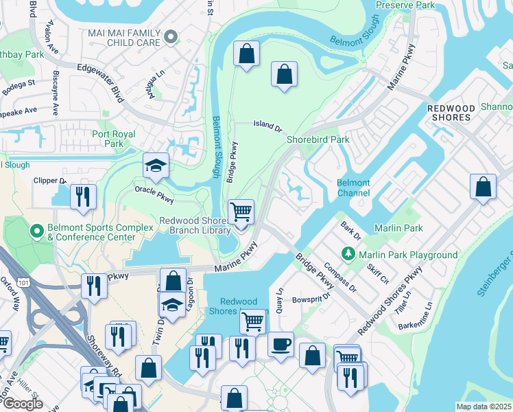 map of restaurants, bars, coffee shops, grocery stores, and more near 425 Cork Harbour Circle in Redwood City