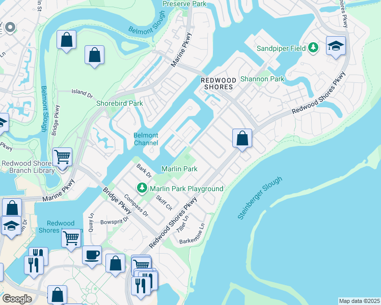 map of restaurants, bars, coffee shops, grocery stores, and more near 502 Marlin Drive in Redwood City