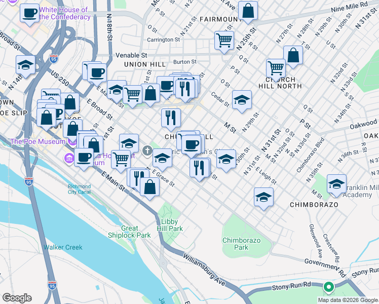 map of restaurants, bars, coffee shops, grocery stores, and more near 324 North 27th Street in Richmond