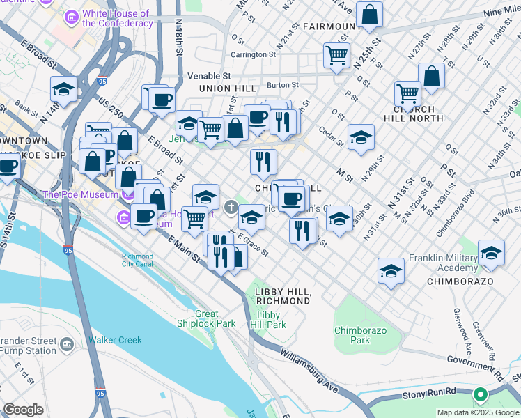 map of restaurants, bars, coffee shops, grocery stores, and more near 2520 East Broad Street in Richmond