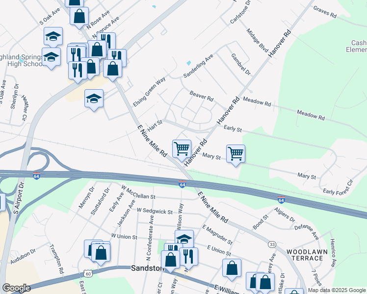 map of restaurants, bars, coffee shops, grocery stores, and more near 601 Shawn Court in Highland Springs