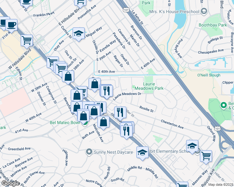 map of restaurants, bars, coffee shops, grocery stores, and more near 4289 George Avenue in San Mateo