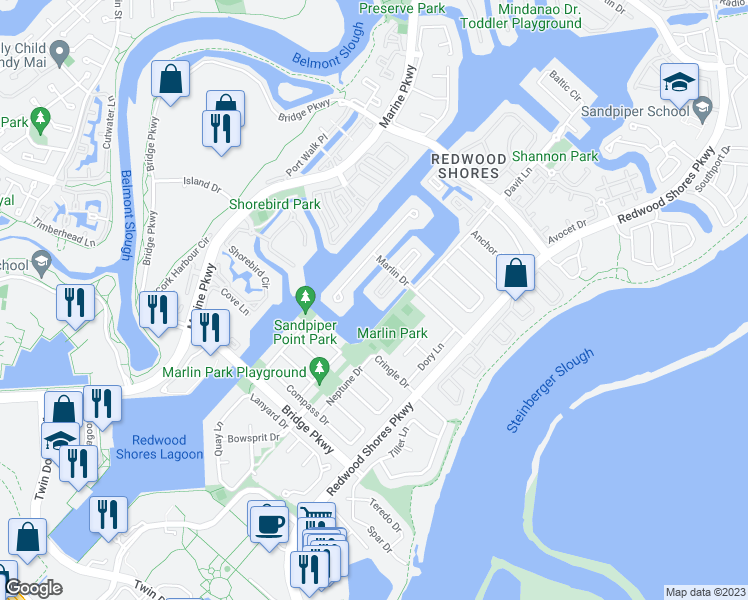 map of restaurants, bars, coffee shops, grocery stores, and more near 15 Spinnaker Place in Redwood City
