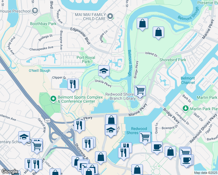 map of restaurants, bars, coffee shops, grocery stores, and more near 400 Oracle Parkway in Redwood City