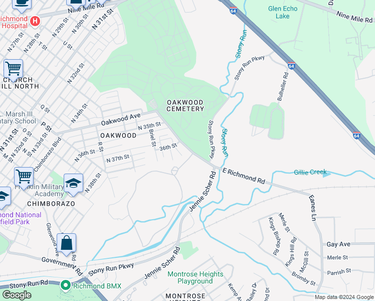map of restaurants, bars, coffee shops, grocery stores, and more near 3508 East Richmond Road in Richmond