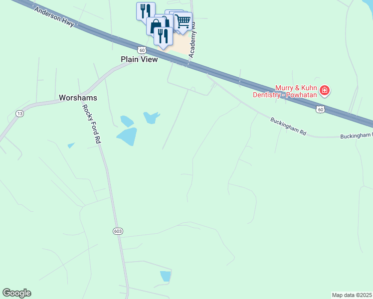 map of restaurants, bars, coffee shops, grocery stores, and more near 2033 Lone Draw Drive in Powhatan