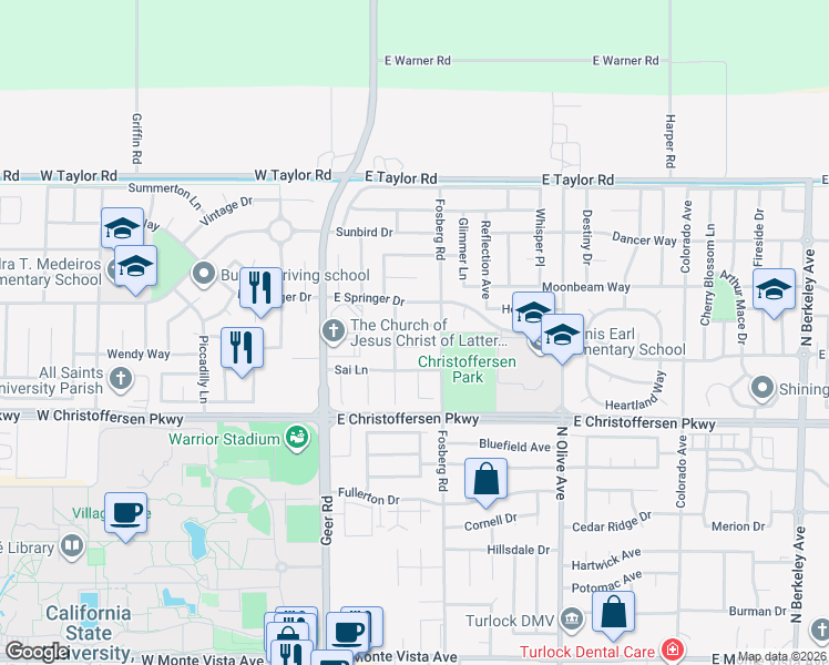 map of restaurants, bars, coffee shops, grocery stores, and more near 323 Gikas Lane in Turlock