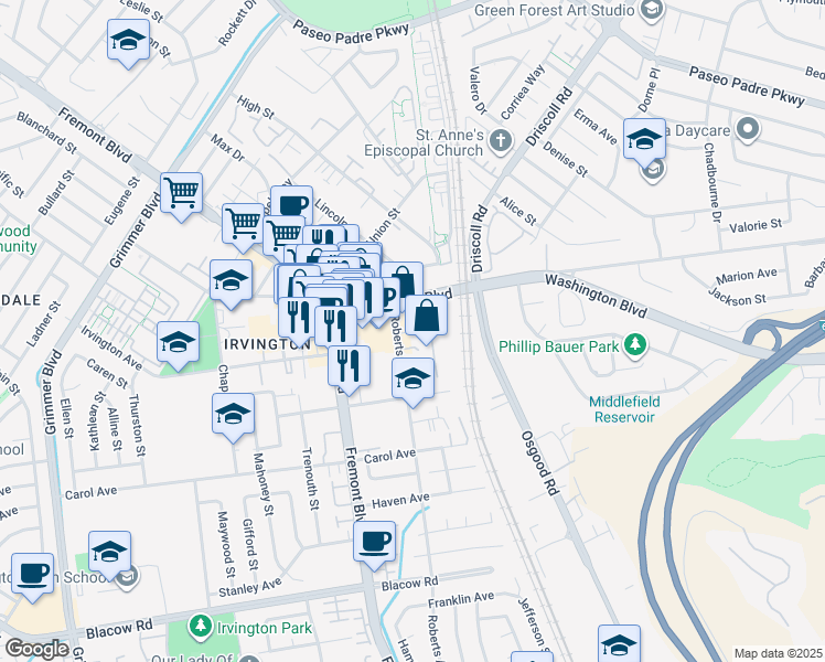 map of restaurants, bars, coffee shops, grocery stores, and more near 3761 Tivoli Garden Terrace in Fremont